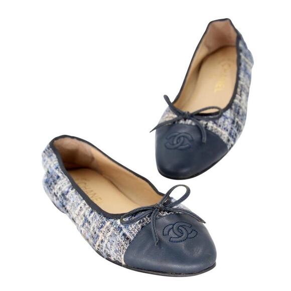 Chanel Tweed 37c Classic Leather Ballerina Ballet Flats CC-S0207P-C004 - Picture 1 of 11